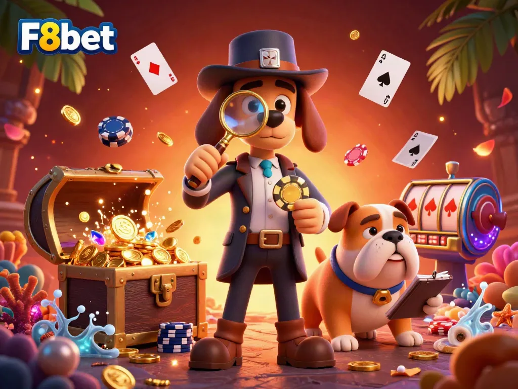 Investigate exciting casino games at F8bet with a cartoon detective and his bulldog companion.