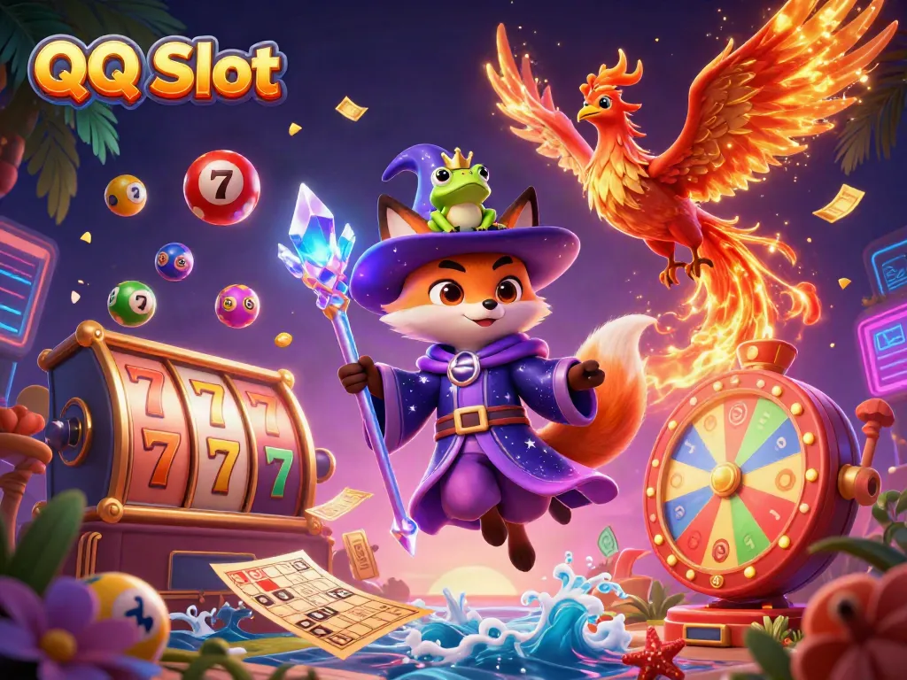 Experience the thrill of QQ Slot with an enchanting illustration featuring a wizard fox, phoenix, and vibrant game elements.