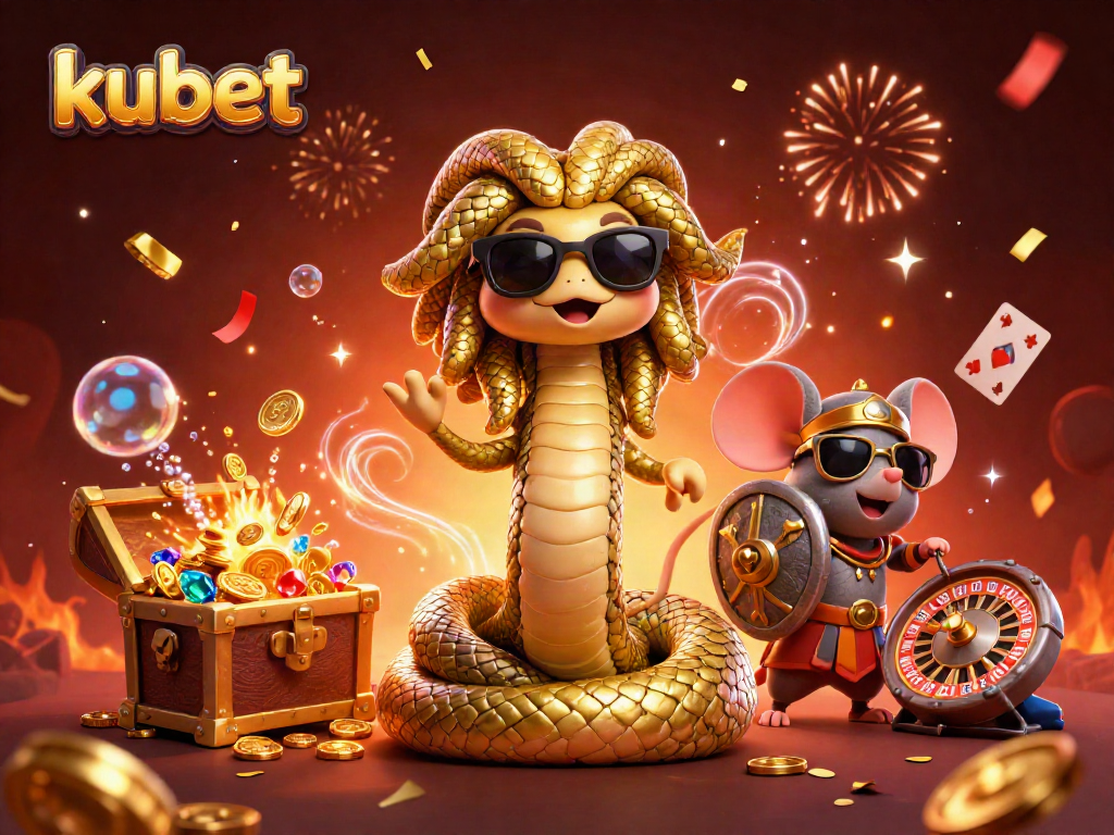 Play exciting games at kubet with engaging characters and dynamic casino elements in a vibrant illustration.