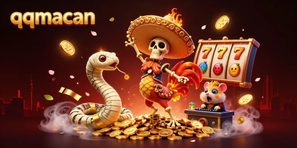 Experience the excitement of qqmacan with vibrant casino characters dancing on golden coins.