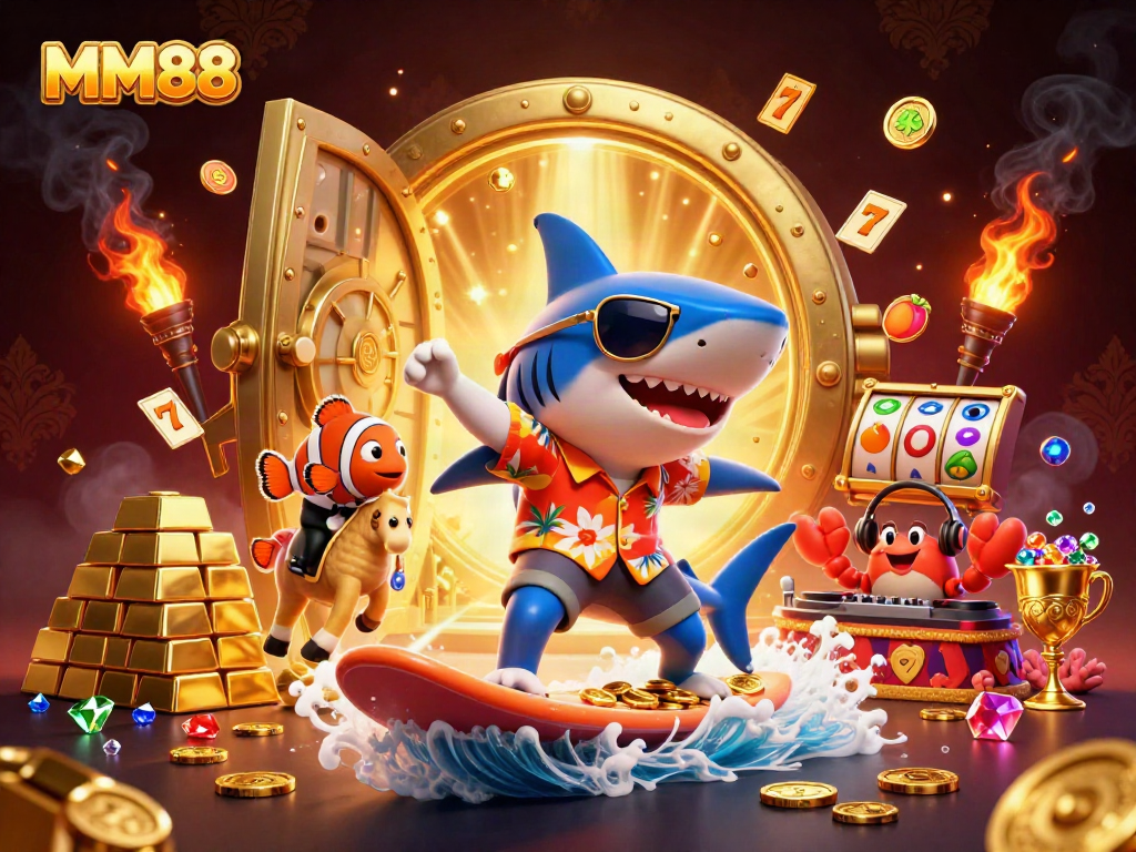 Immerse in MM88's vibrant casino world with a shark surfing gold coins and gaming elements.