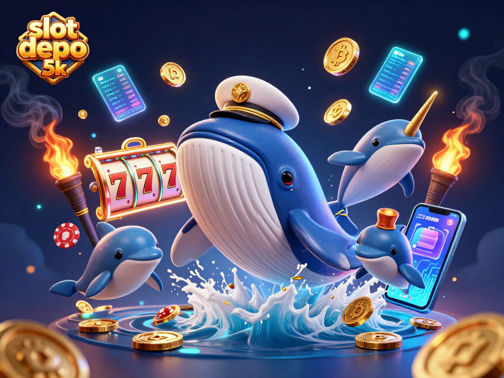 Experience the thrill of slot depo 5k with a vibrant casino scene featuring a whale, narwhal, and dolphins amidst slot reels and crypto coins.