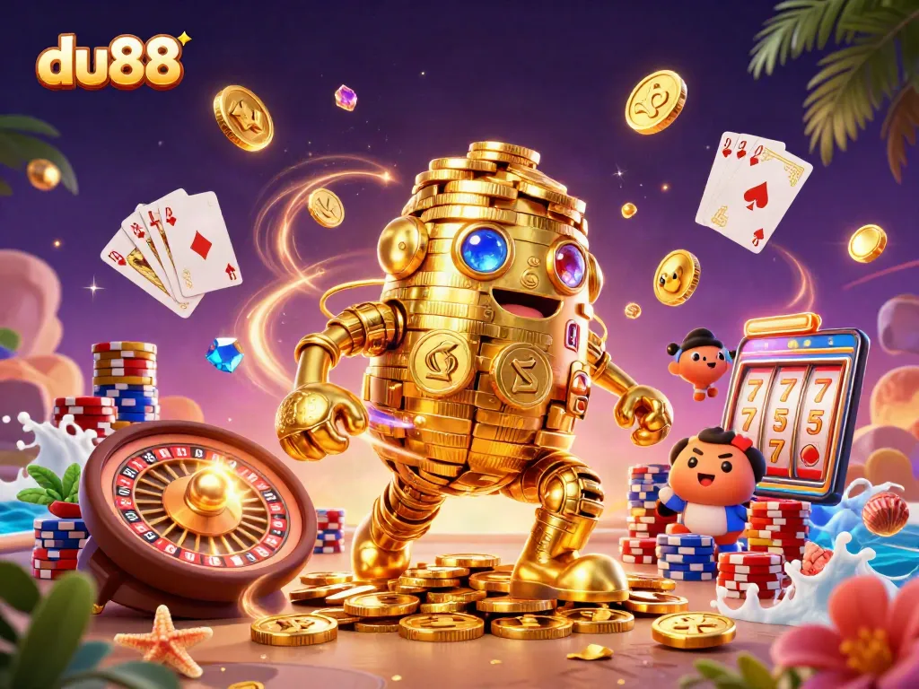 Spin the reels with du88's engaging casino scene featuring a golden coin golem.