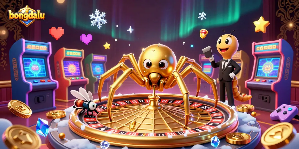 Bongdalu showcases a vibrant scene of a golden spider and croupier amid casino elements, inviting gamblers to engage.