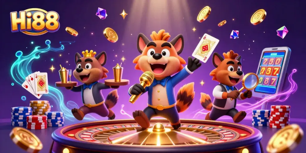 Engage with Hi88's vibrant casino scene featuring hyenas as a bartender, comedian, and bouncer.