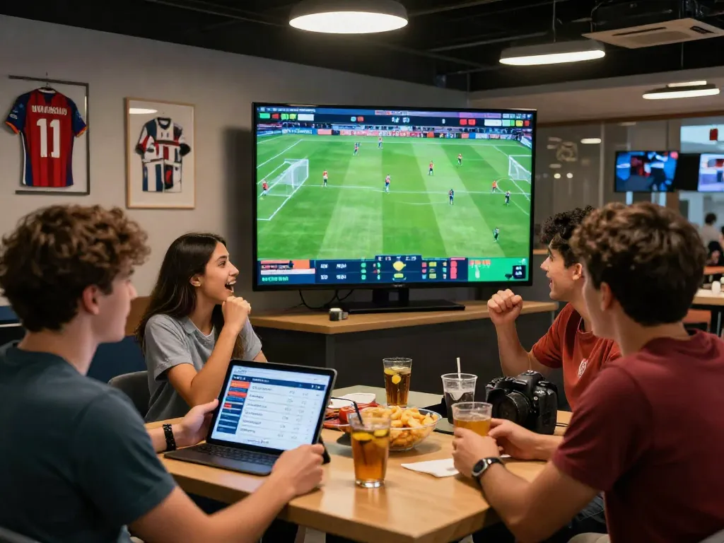 WWBOLA app displayed in a lively sports betting lounge during a soccer match.