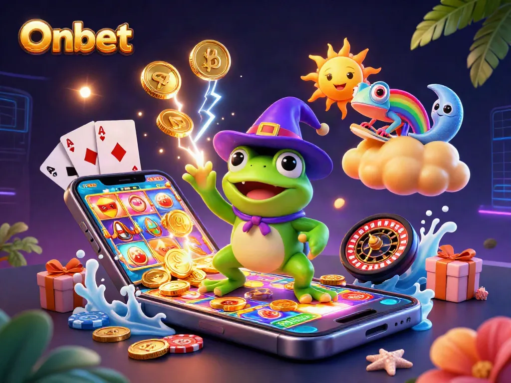 Engage with Onbet's vibrant 3D casino adventure featuring unique characters, golden coins, and exciting gaming elements.