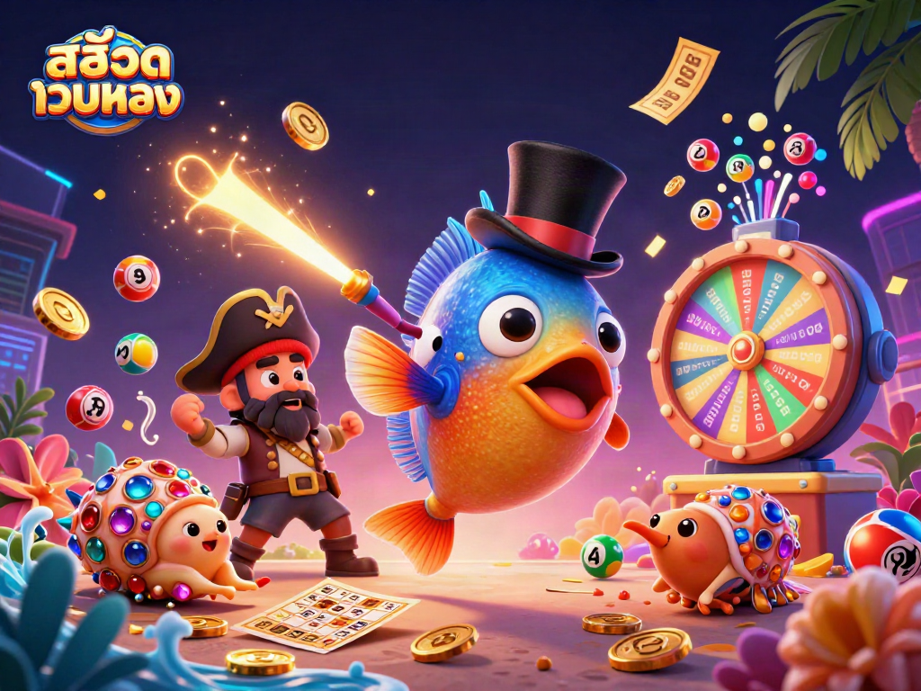 Engage with สล็อตเว็บตรง in a lively 3D undersea casino illustration featuring vibrant characters and elements.