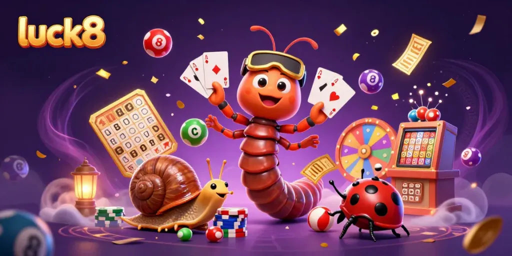 Engage in thrilling lottery games with luck8, showcased in a vibrant 3D scene featuring dynamic characters and playful elements.