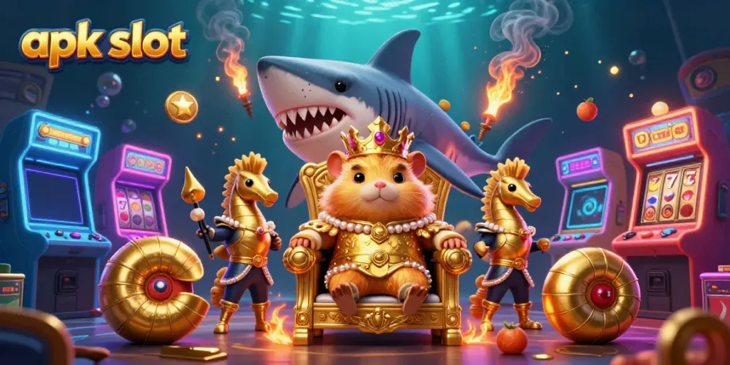 Unleash your luck with apk slot gameplay featuring a golden hamster king and vibrant slot machines.