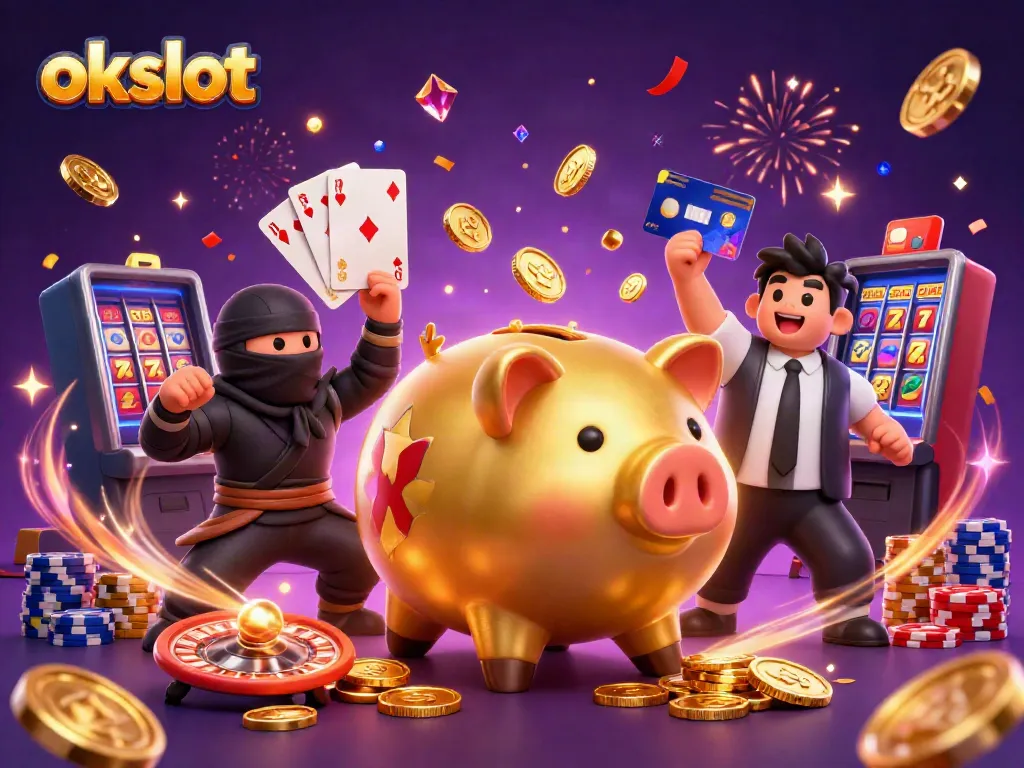 ภาพการ์ตูน 3 มิติของ OKSLOT ที่มีหมูออมสินทองคำขนาดใหญ่ ปล่อยเหรียญทองจำนวนมาก