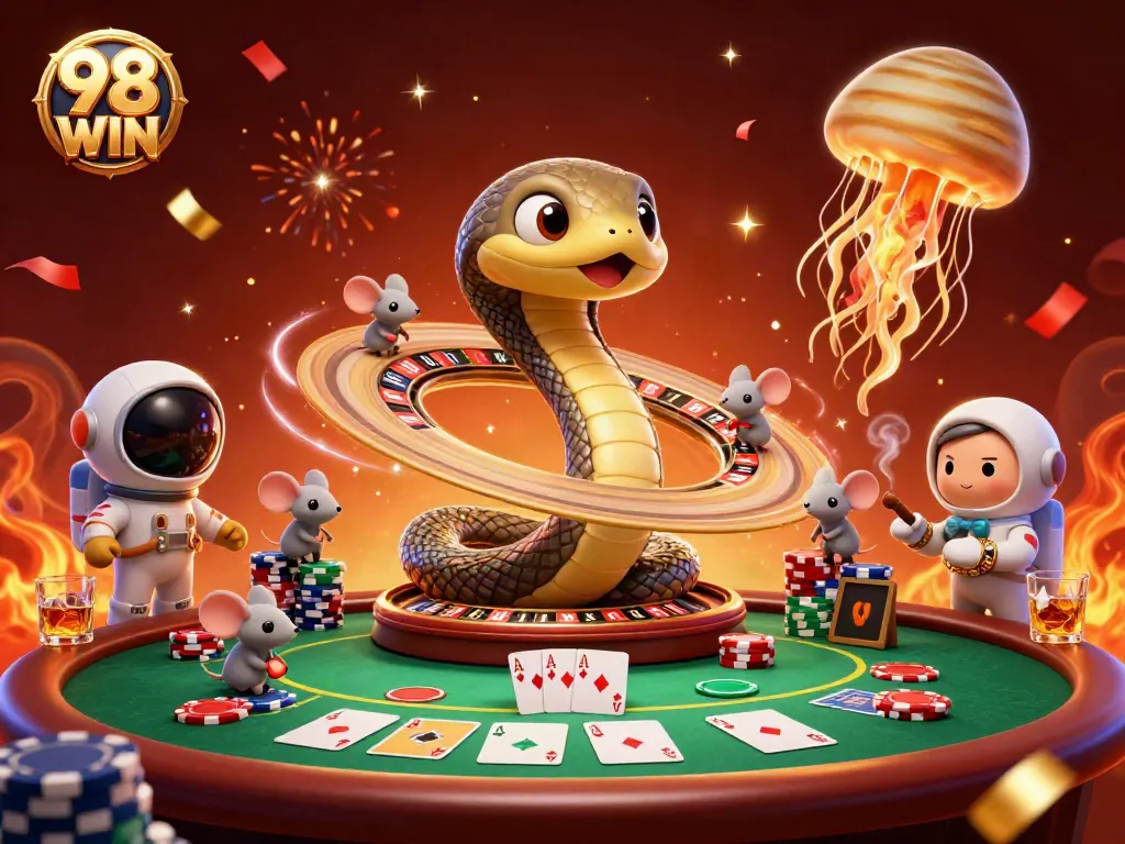 Experience thrilling bets in a lively casino scene at 98 WIN with astronaut mice and cosmic dealer