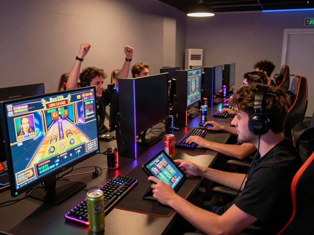 Bro138 online gaming scene with players celebrating a win and analyzing patterns