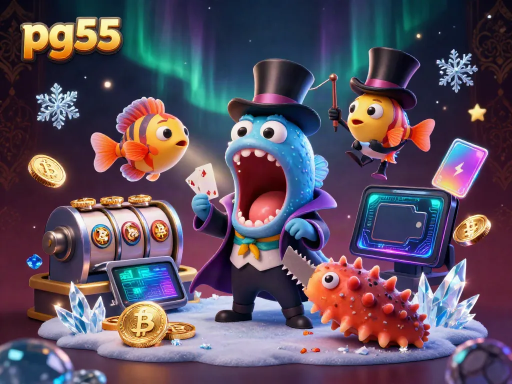 Experience the magic of pg55 with a vibrant underwater casino scene, featuring card tricks and crypto coins.