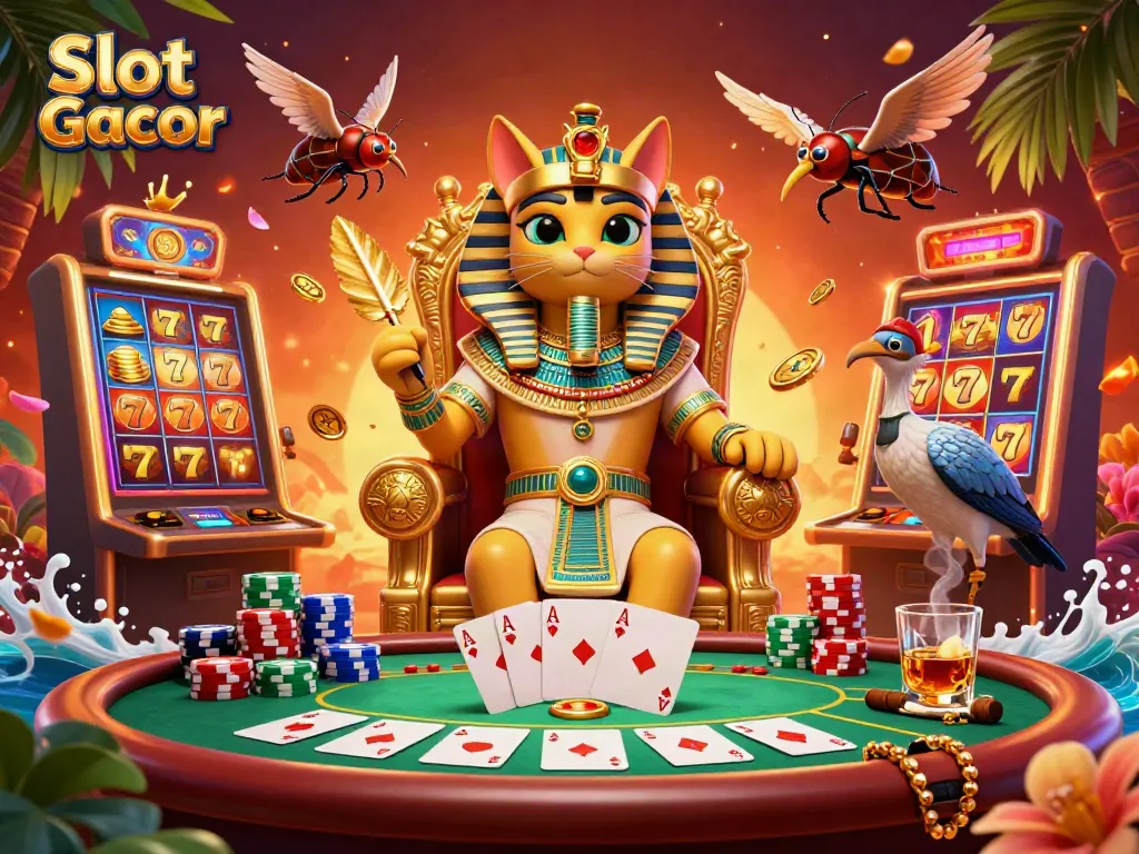 Engaging 3D illustration of Slot Gacor featuring a pharaoh cat, slot reels, and vibrant casino atmosphere.
