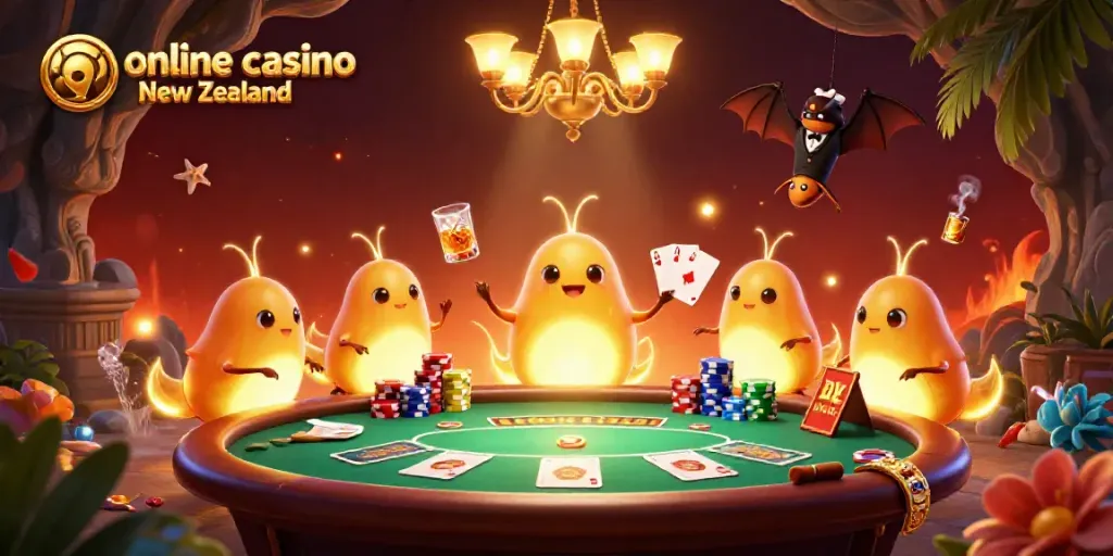 Experience the vibrant atmosphere of an online casino New Zealand illustrated with glowing characters and poker elements.