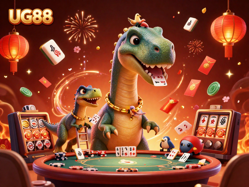 Experience gaming excitement with UG88 at a vibrant casino scene featuring a brontosaurus dealer.