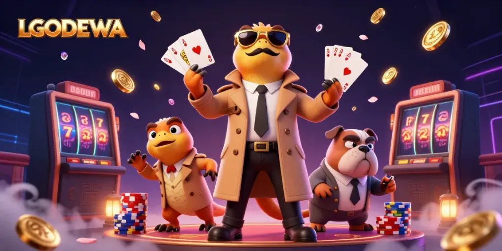Experience the fun at LGODEWA with raptors in a trench coat entering a VIP lounge amidst casino thrills.
