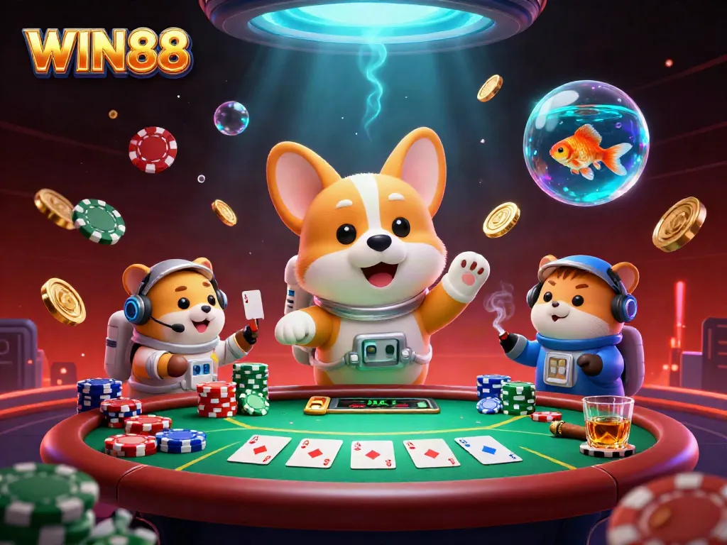 Experience thrilling gaming at WIN88 with a floating casino scene featuring animated characters.