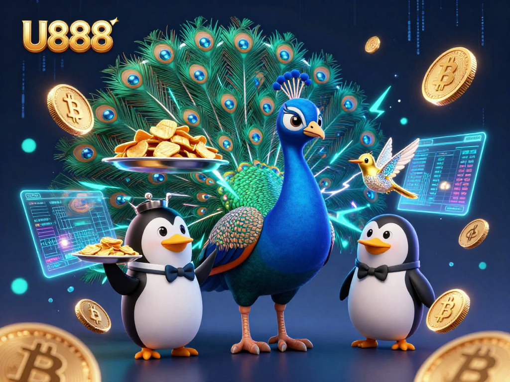 Engage with U888's vibrant casino world featuring a peacock and butler penguin in a colorful scene.