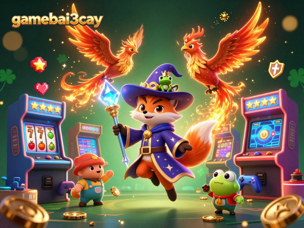 Experience gamebai3cay with vibrant 3D characters and casino elements in a dynamic illustration.