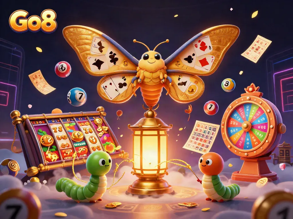 Go8 illustration featuring an atlas moth on a lantern amid vibrant casino-themed scenes with dynamic lottery elements.