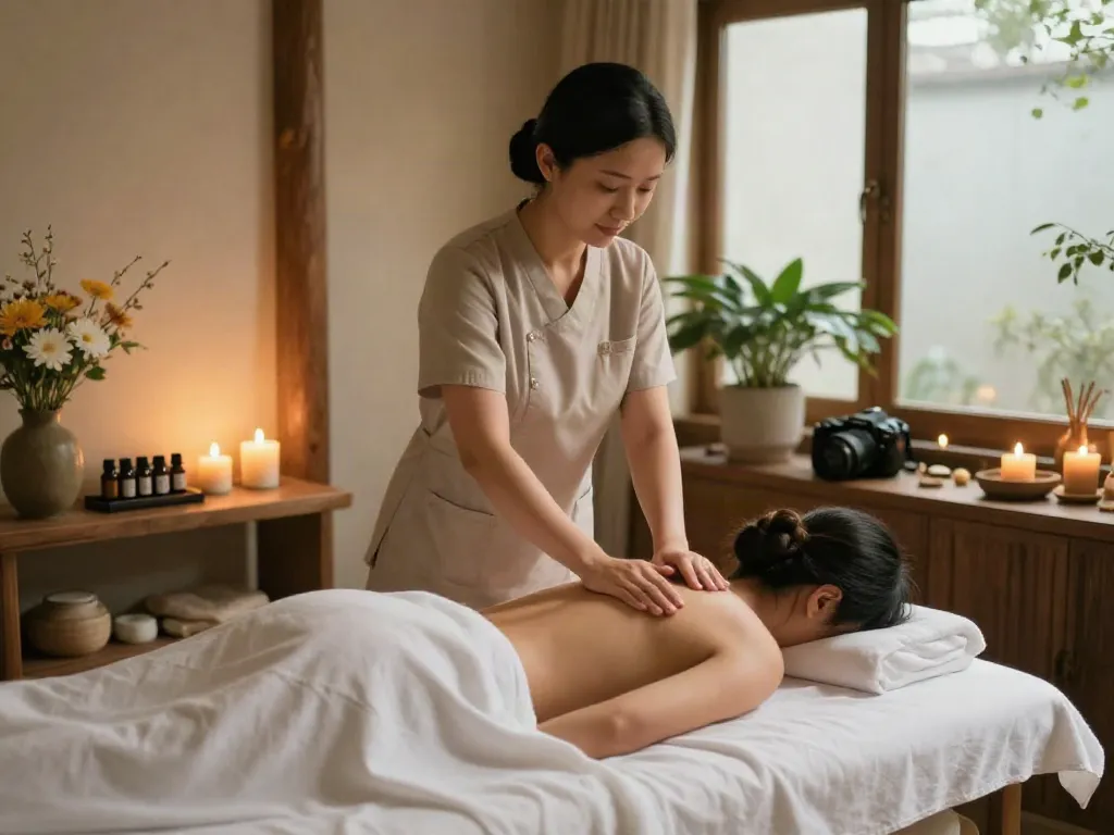Relaxing 의정부출장안마 massage therapy scene with candles and flowers in a serene spa environment