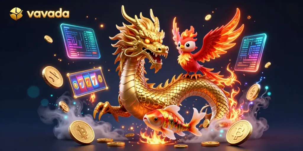 Experience thrilling gaming at vavada with a vibrant dragon, phoenix, and koi fish amidst coins and crypto elements.