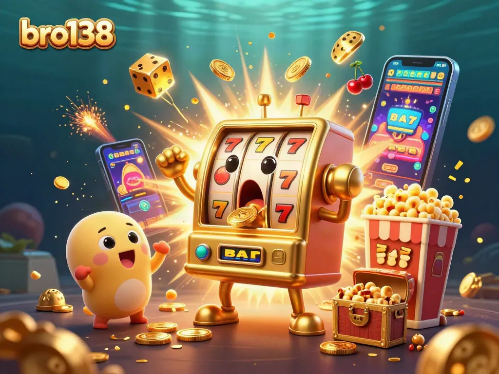 Engage with bro138 and witness a lively scene where a golden slot machine hits a jackpot, surrounded by cheering machines.