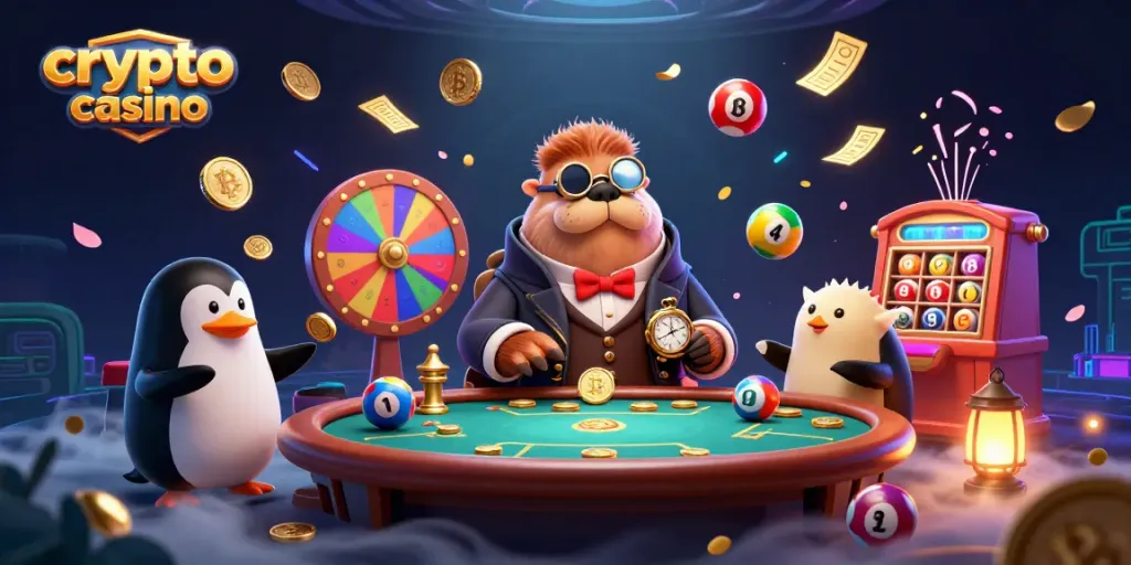 Engage in thrilling action at a crypto casino with a walrus playing poker amidst vibrant gaming elements.