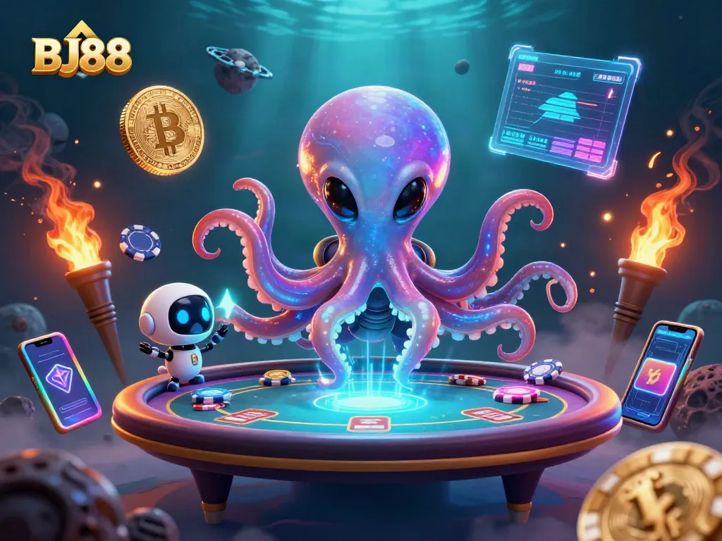 Engage with BJ88's lively alien octopus at a holographic poker table in a galactic casino.