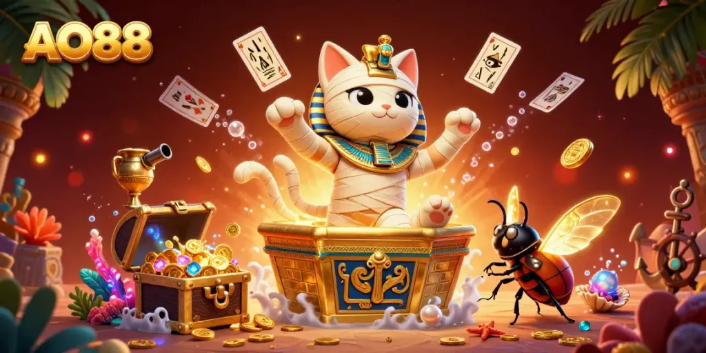 Experience thrilling gameplay at AO88 with a vibrant Egyptian-themed casino scene including a mummy cat, mysterious artifacts, and sparkling treasures.