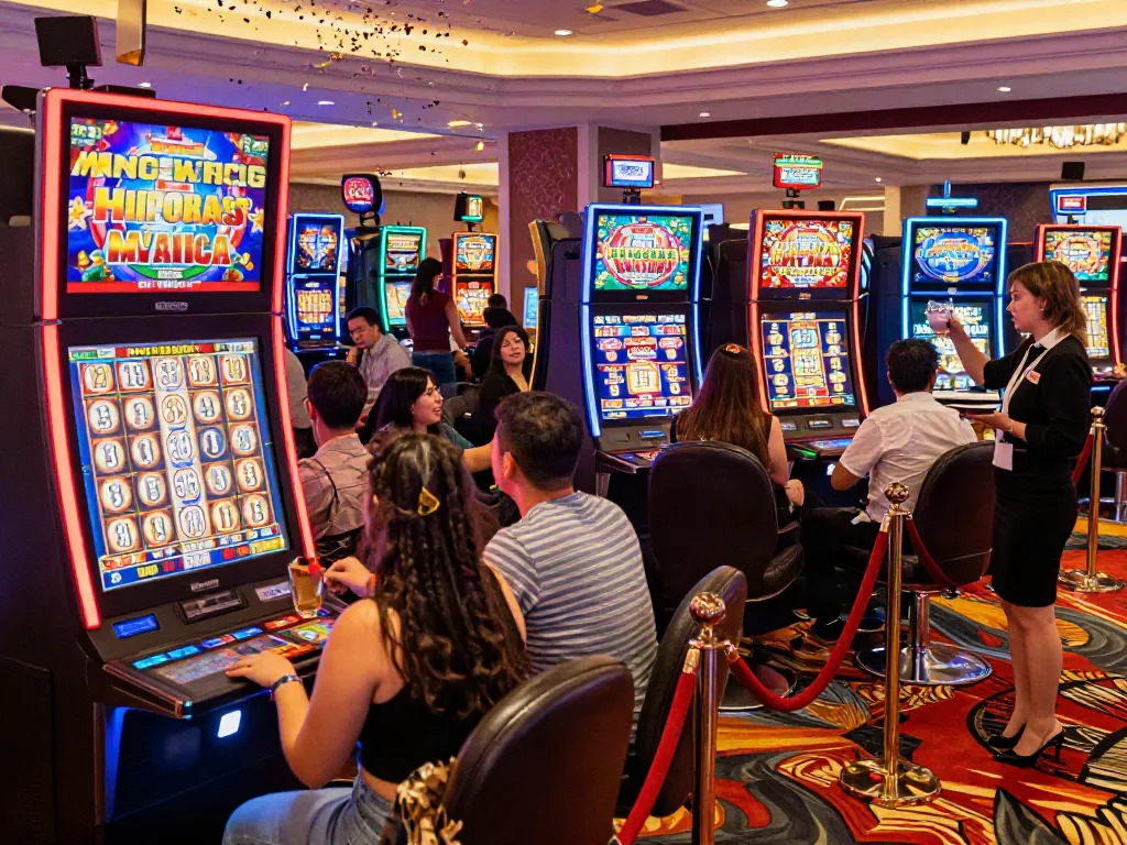 Lucky777 casino scene with players celebrating wins at vibrant slot machines.