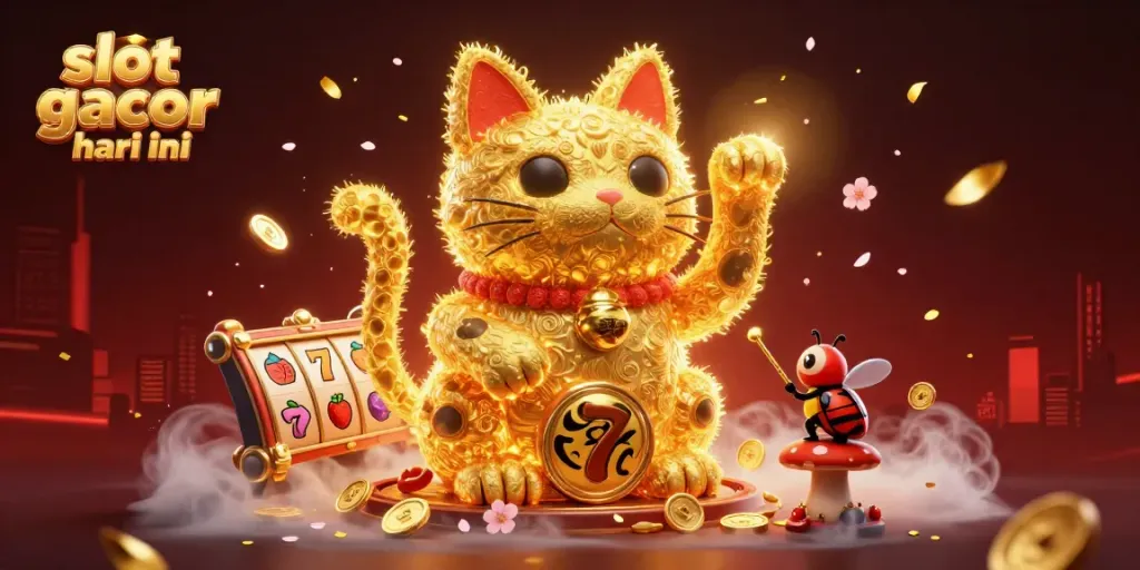 Menang besar di slot gacor hari ini dengan simbol keberuntungan yang berkilauan dalam ilustrasi 3D yang kaya detail.