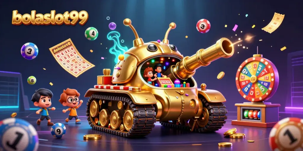 Bolaslot99 invites players into a vibrant casino adventure with dynamic lottery balls and colorful confetti.