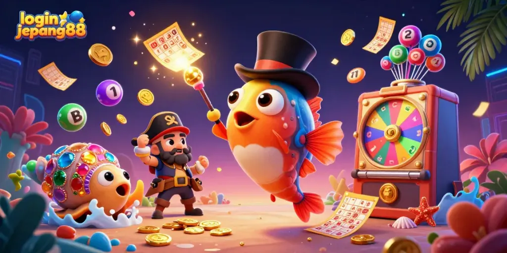 Join the fun with login jepang88 as colorful lottery balls and treasure-filled sea creatures create a vibrant casino scene.