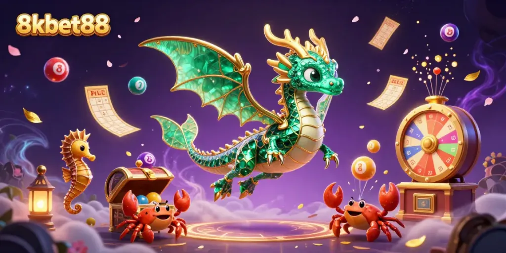 Engage with 8xbet88 in a vibrant casino-themed illustration showcasing a sea dragon and dynamic lottery elements.