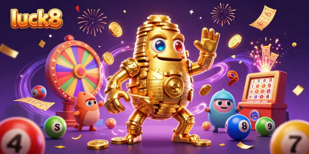 Engage in excitement with luck8's vibrant golden golem amidst lottery balls and prizes.