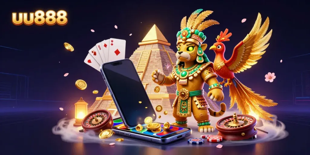 Play thrilling games with uu888's colorful casino features in an animated 3D scene.