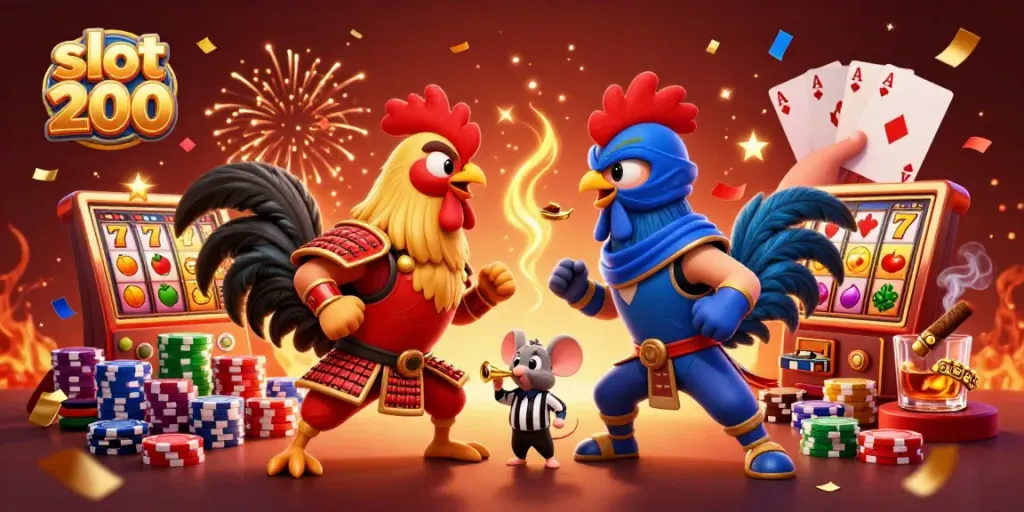 Battle between slot 200 roosters with jackpot symbols and poker chips in a vibrant, animated scene.