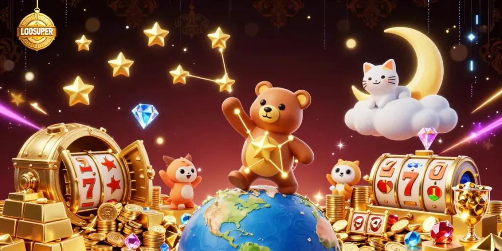 LGOSUPER showcases a rich 3D cartoon scene with golden treasures and gaming elements.