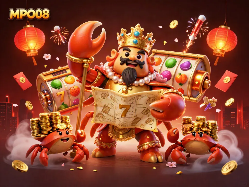MPO08 Golden Crab Emperor presides over a vibrant casino scene with spinning slots, chips, and lucky symbols.