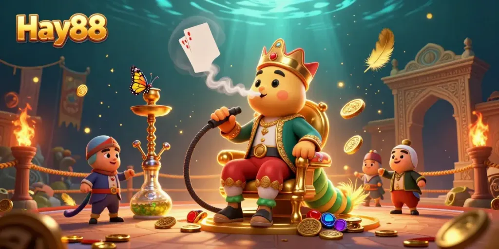 Experience Hay88 with a vibrant, ultra-detailed casino illustration of a whimsical caterpillar playing poker.