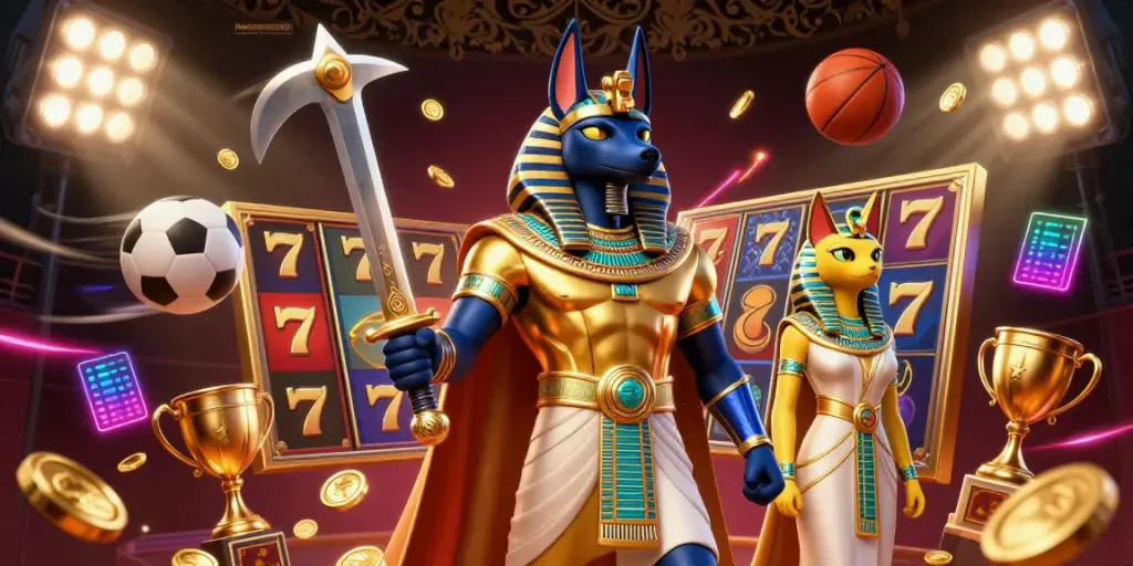 Permainan slot NAGAHOKI303 dengan Anubis dan Bastet menciptakan suasana kasino yang megah.