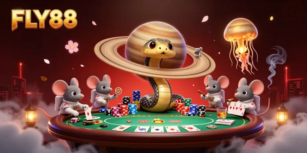 Experience FLY88 with a dynamic cosmos-inspired casino scene featuring playful astronaut mice and a golden jellyfish dealer.