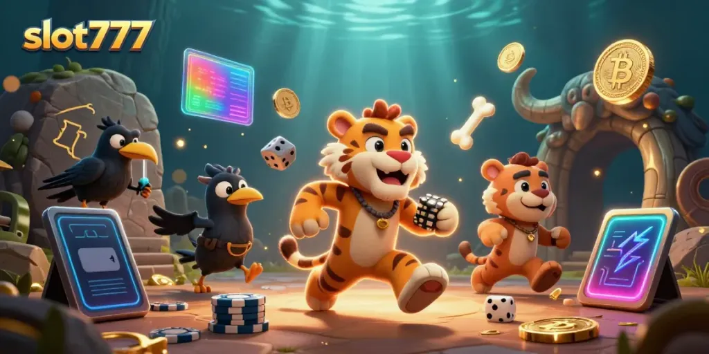 Experience the excitement of slot777 in this 3D illustration showcasing a vibrant casino scene.