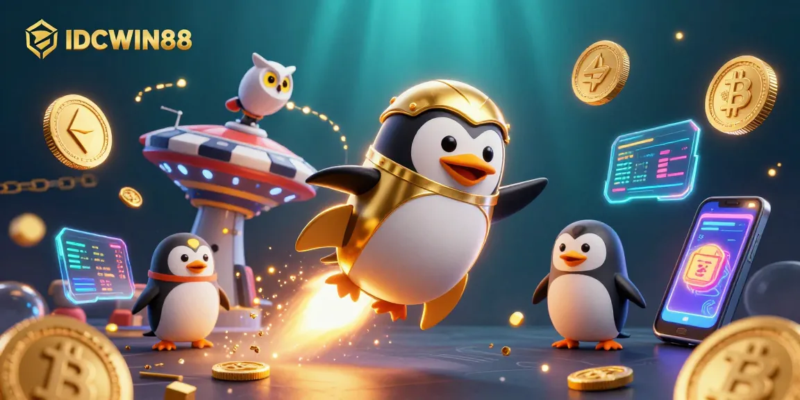 Experience thrilling gaming with IDCWIN88, where a golden penguin races towards a casino in space filled with digital treasures.