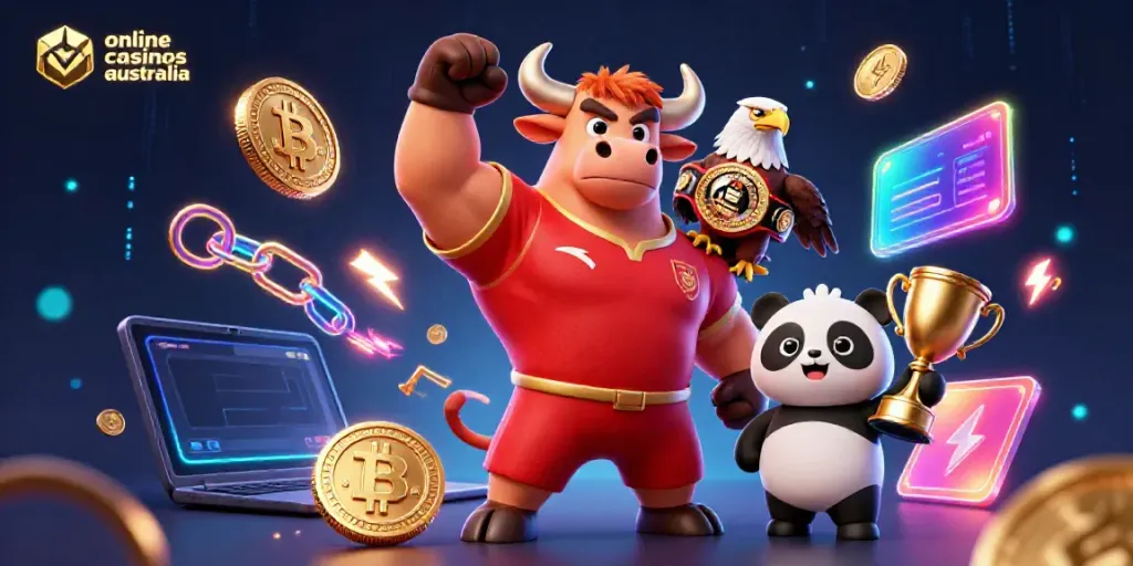 Engage with top online casinos Australia in this vibrant crypto-inspired cartoon scene.