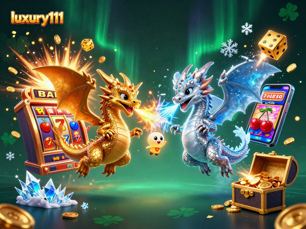 Engage with luxury111 as twin dragons create a dynamic casino scene of slot machines and jackpot excitement.