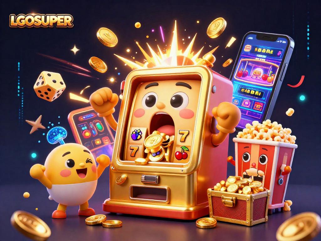Experience LGOSUPER's thrilling jackpot celebration with a vibrant slot machine illustration bursting with excitement.